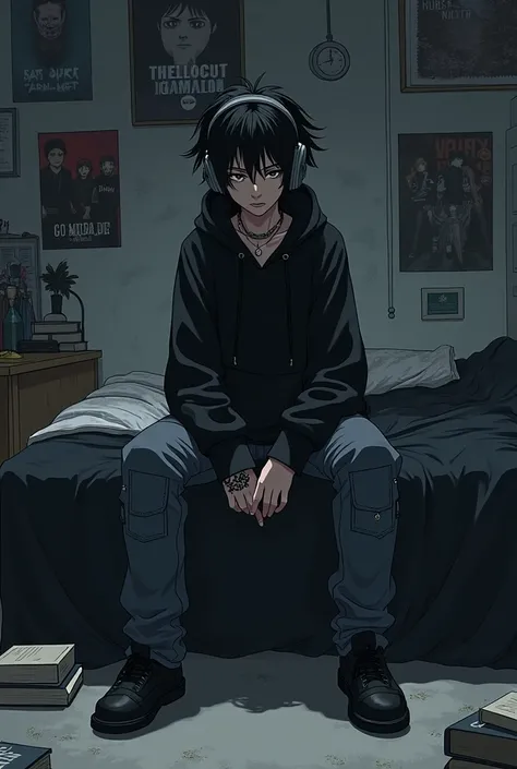 A shy, quiet anime japanese teenager, with tattoos and a nose piercing, with a hood and headphones on, has a black, oversized band hoodie, black, cargo, oversized jeans, has messy, black, attractive face and a shadow over his face, sitting on a black bed, ...