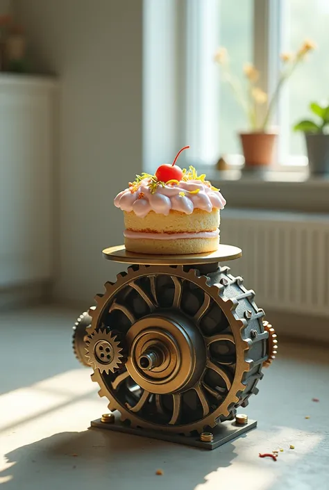 a small cake , on top of a gearbox,  in an empty apartment  , realistic ,  high resolution  , 4K , HDR