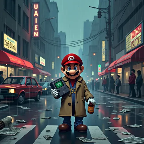 (( Pixelart-style retro image )).  Nintendos Mario in the middle of a street Cyberpunk , with neon lights. He is wearing a beige trench coat and is wet from the rain. It&#39;s raining heavily.  Mario looks down on the sad floor .  In one hand he has a Game...