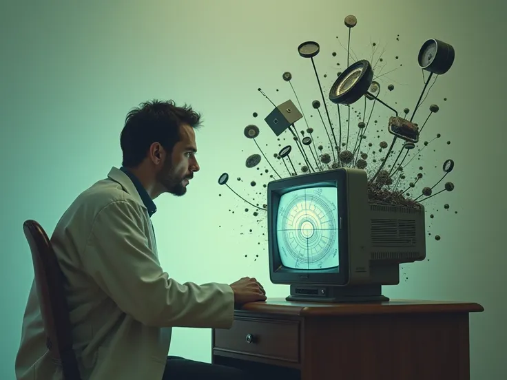 A scientist in front of an old television, with internal parts of the device floating in his mind as if they were solved by pure intuition. In the background, soft tones that symbolize inspiration.