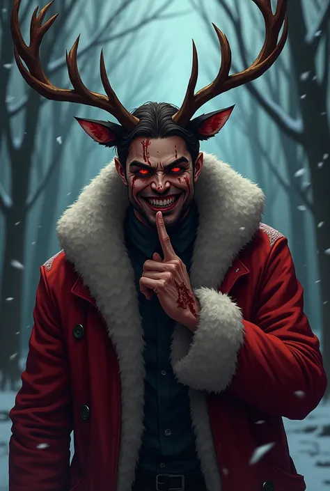 Christmas horror, man with deer antlers, creepy, blood, Christmas, murderer, high quality, anime style, handsome. Holding his finger to his lips in a gesture to be quiet, smiling creepily. Blood on face, wearing red Christmas coat