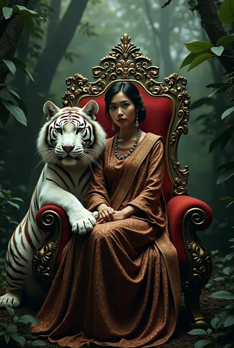  A beautiful woman with hair in a bun wearing a traditional kebaya and under her batik cloth has indonesia.is sitting on a throne chair in her dark dense forest accompanied by a large white tiger shell 