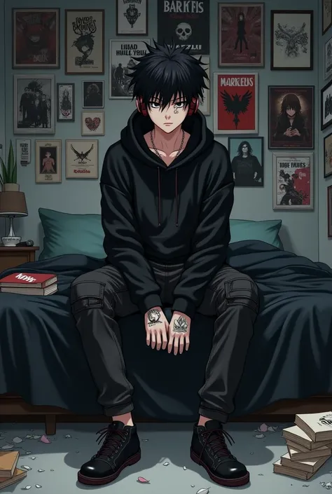 A shy, quiet, attractive, muscular anime japanese teenager, with tattoos and a nose piercing, with a hood and headphones on, has a black, oversized band hoodie, black, cargo, oversized jeans, has messy, black, attractive hair and a shadow over his face, si...