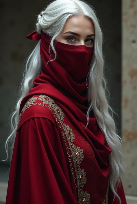 
 a beautiful woman , priestess, Beautiful dress Marsala ,  she wears a handkerchief hiding part of her mysterious Muslim-like face,  she has long silver hair, estilo Daenerys targeria, 