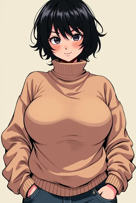 Manga panel, Cute Girl, Short hair, Big sweater turtleneck, (Large breast: Bigger than torso), Thin waist, Fabric stretching and folds, Tomboy, Front facing view below, Girl looking down below her, Breast blocking a bit of her face, Smirking, NSFW, Explici...