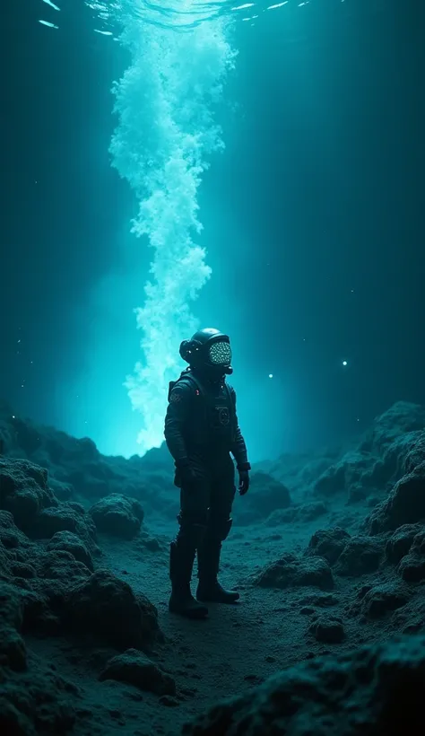 "Generated a hyper-realistic, cinematic image of a lone human figure in a high-tech survival suit, standing near a geothermal vent deep in the ocean. The scene is illuminated by an otherworldly blue light emanating from the vent, surrounded by glowing biol...