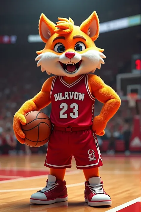 I want a mascot for a basketball school ,  the shirt is red I want it to be friendly and cheerful, that shows strength 