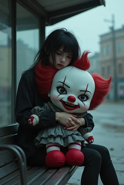 An emo girl hugging a scary stuffed animal dressed as art the clown sitting at a bus stop 