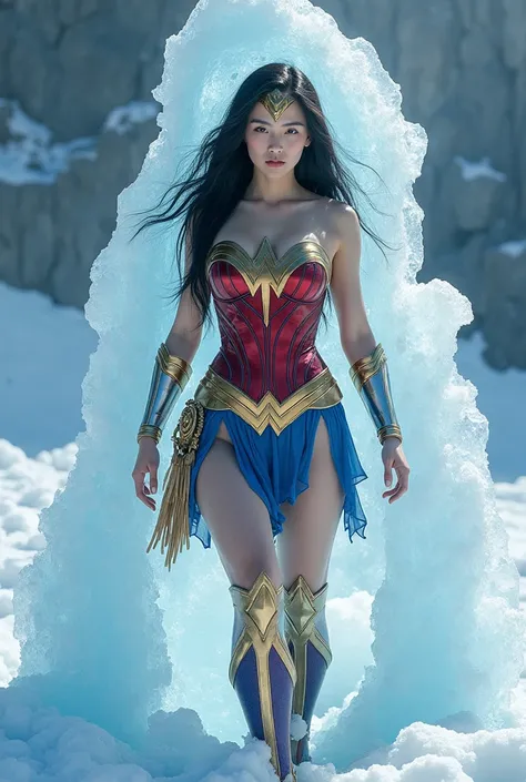 live-action、A cute Japanese wonder woman in her 20s is frozen in ice、 unrealistic