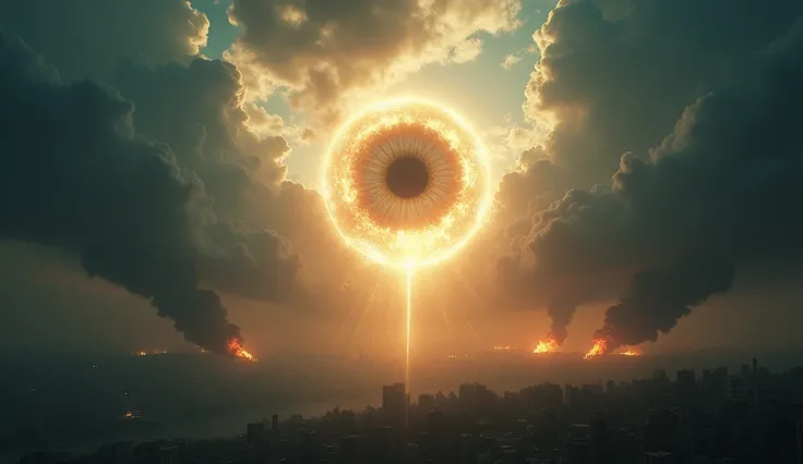 A cinematic, realistic photograph of a divine presence in the heavens, represented by a massive, glowing eye surrounded by radiant light breaking through dark clouds. Below, the Earth is shown in chaos, with humans fighting, cities burning, and the once-pr...