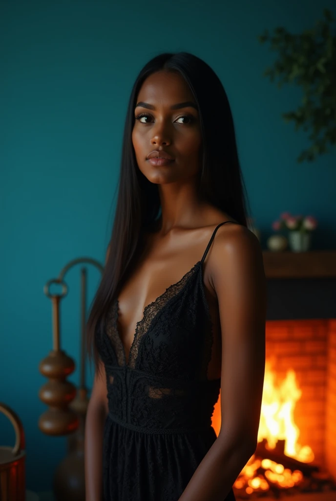  Straight-haired Malagasy woman .  is standing in front of a fireplace in an azure-blue evening dress ,  .