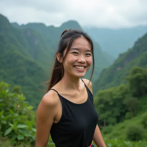 A beautiful rural Thai woman from Northern Thailand with fair skin and long hair tied into a ponytail. She is wearing casual traditional Northern Thai clothing, exuding a cheerful and playful demeanor. Her pose vibrant and full of life. The background feat...