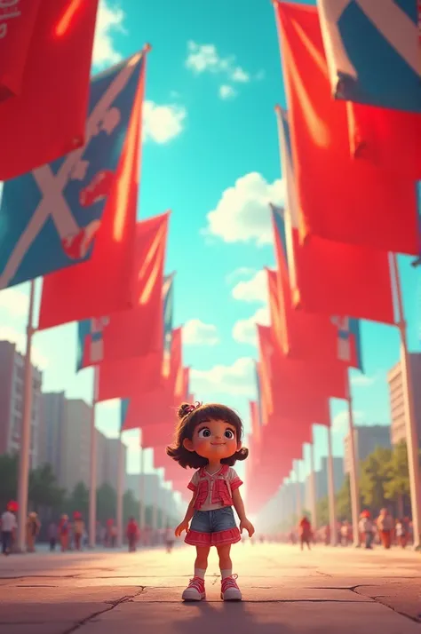 A girl with big flags.