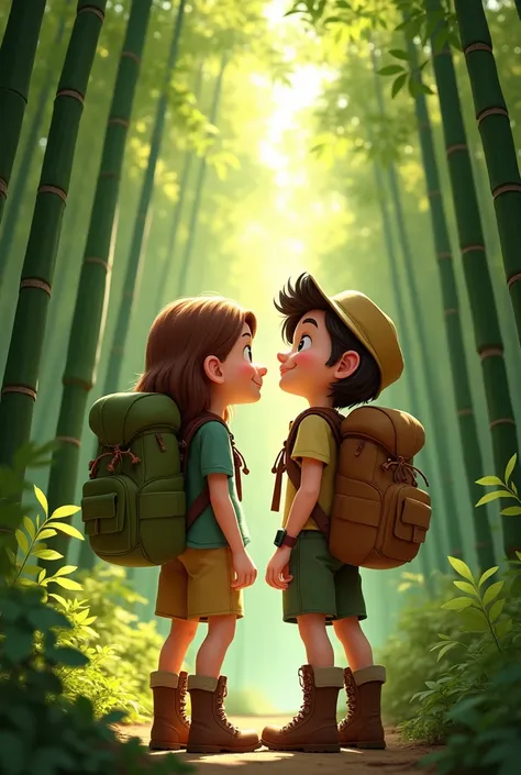 - Image prompt: Two s (Emma and Max) standing in front of a dense bamboo forest, looking excited and curious.
- Description: Emma and Max are wearing hiking boots, backpacks, and big smiles as they gaze into the bamboo forest.