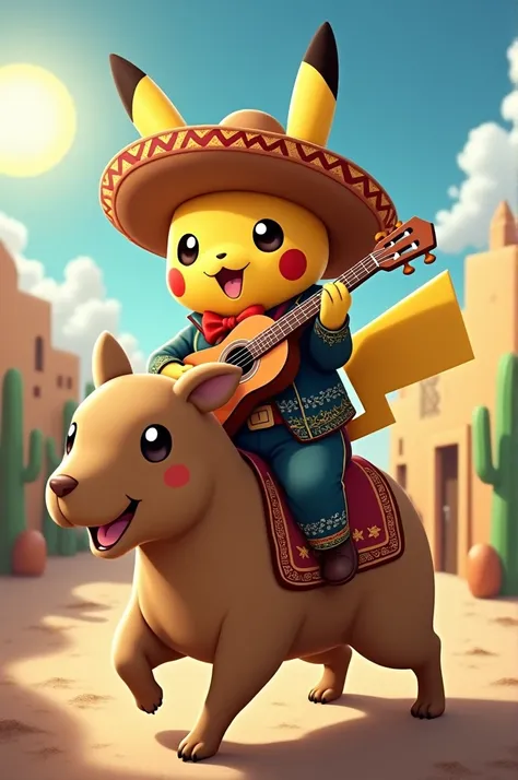 Picachu disguised as mariachi riding a capybara