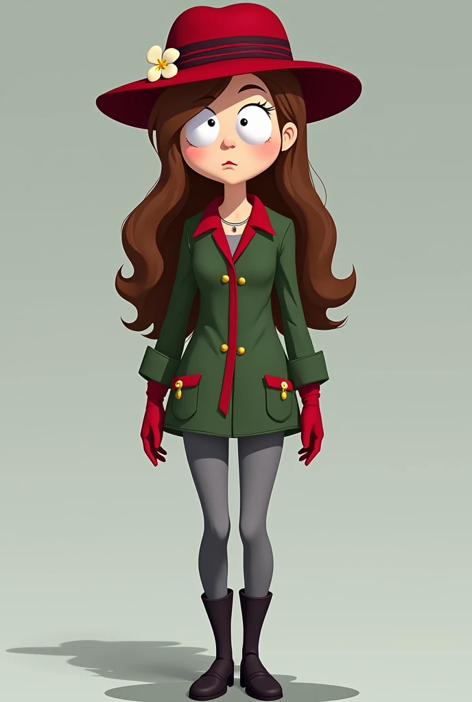  long flowing light brown hair ,  crimson hat with dark crimson stripes and one white one with a flower.  She has red gloves ,  green jacket with a red “collar” ,  grey pants and black shoes .  She also has fair skin without any birthmarks . Art South Park...