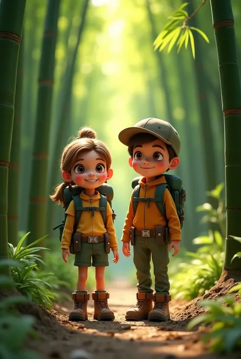 - Image prompt: Two s (Emma and Max) standing in front of a dense bamboo forest, looking excited and curious.
- Description: Emma and Max are wearing hiking boots, backpacks, and big smiles as they gaze into the bamboo forest.