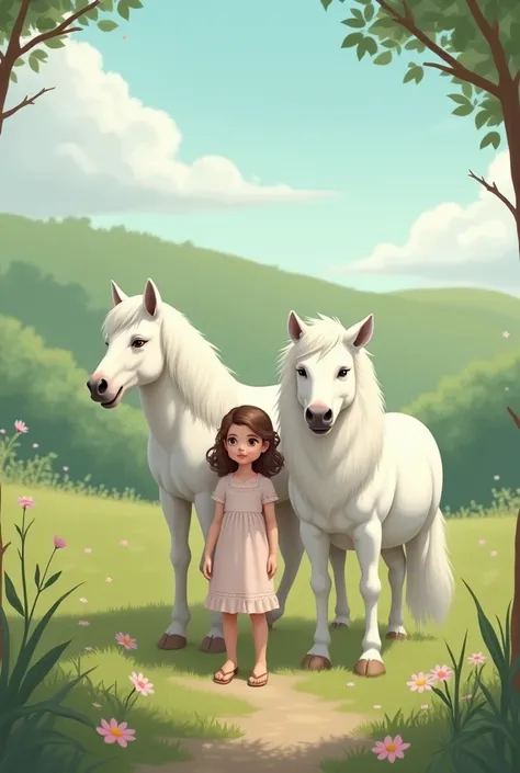 Une petite fille à côté dun poney et dun loup blanc