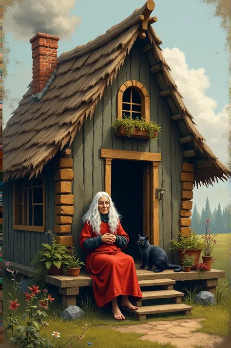 ((best quality)), ((masterpiece)), (detailed),  perfect face
Draw a hut with chicken legs ,  and an elderly woman baba yaga is sitting on the porch, a black cat is sitting on her lap . 