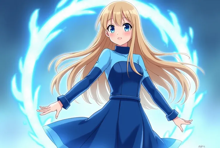 Anime girl long blonde hair and blue sky eyes and brown corney skin has power blue ring energy. Here are the details about the clothing:

### **Outfit Description**:
1. **Dress Design**:  
   - The dress is a **long-sleeve skater dress** in two shades of b...