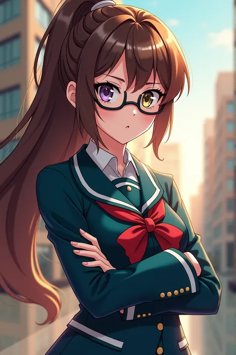 my hero academia capture.
 Create a girl with long brown hair in a ponytail , with colored eyes faces , that wears glasses,  whose skin is half white and wears the uniform of the anime BNHA class 1A.