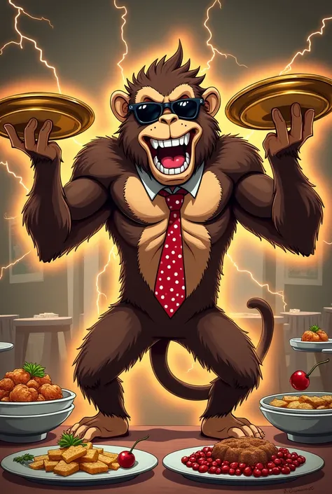 Make an image of a Jojo stand that is a 2d brown monkey with an imposing posture smiling with its teeth out wearing dark glasses and a red tie with white polka dots, The monkey holds large golden plates , one in each hand, The monkey doesnt wear pants or s...