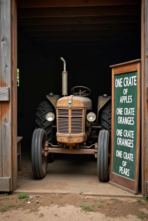 Let there be a tractor in the garage and a sign next to it.  Tractor e viewed from behind The sign should be a little bigger and say "one crate of apples, one crate of oranges, one crate of pears" and the photo should be taken from a little further back.