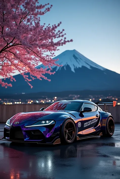 Show a tuned Toyota Supra GR in front of a cherry tree and Mount Fuji at night with a motivational saying