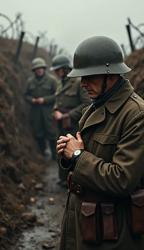 Scene of a World War I battlefield. Soldiers in trench coats and helmets glance at simple, leather-strapped wristwatches. The atmosphere is tense, with muddy trenches, barbed wire, and distant explosions. The watches are practical, emphasizing functionalit...