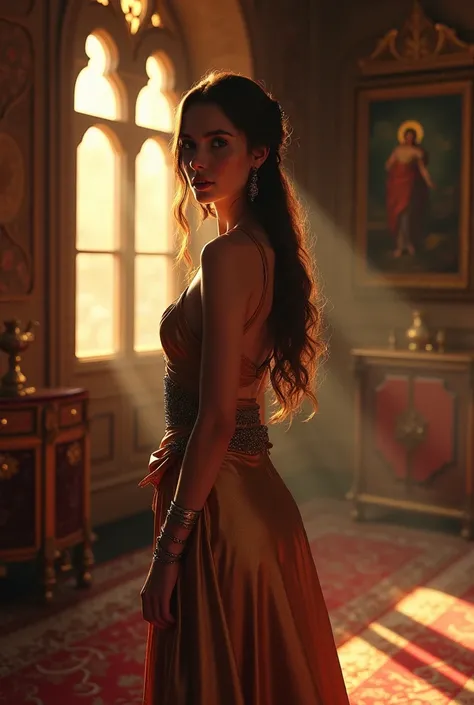 Byzantine noblewoman, teeth、Basking in the warm light of dusk。, Standing in a lavishly decorated room. In a shimmering silk gown, 彼女teeth砂時計型の体型を強調するポーズをとっている. soft, Diffused light casts long shadows, It gives a sense of mystery and charm..