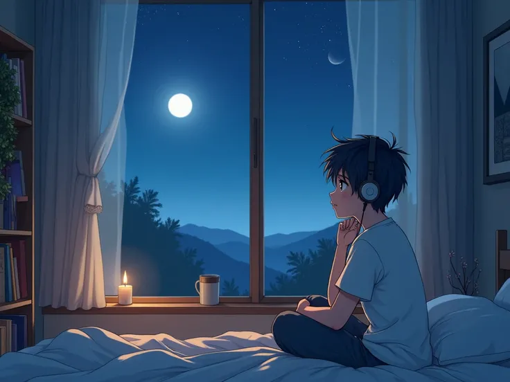 i want  you create a anime boy sitting on his bedroom window and enjoy lofi music and see the moon on his window