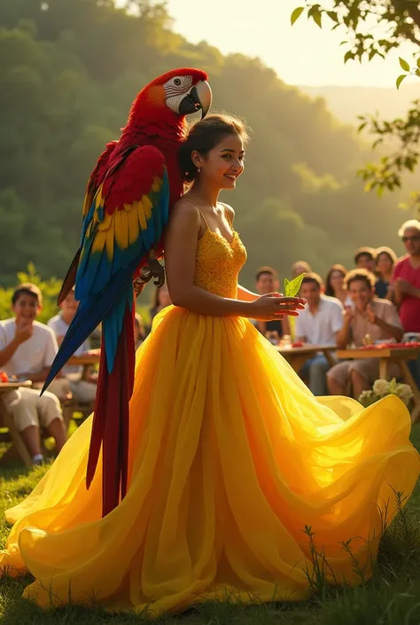 ** Scenario for the image :**  

 A majestic macaw with vibrant colors  (red, yellow, blue)  flies in a clear sky over a green hill in Colombia .  in the background ,  looks like a small outdoor family party ,  with decorated tables and a warm atmosphere ....