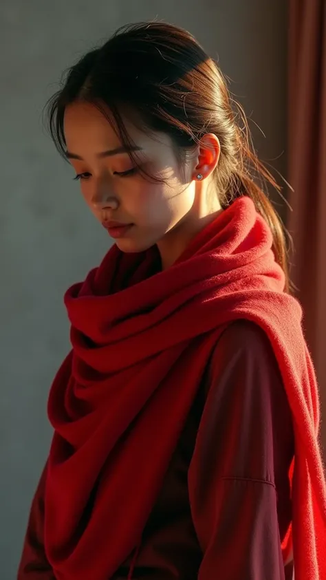 Set the light on the girl who is wearing a red scarf