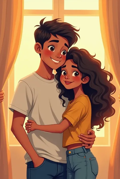 A heartwarming illustration of two teenagers, a boy and a girl. The boy is , 6 feet tall, with a kind and caring expression, wearing a t-shirt and jeans. The girl is , with long, curly hair, wearing a simple, comfortable top and jeans, with a joyful and sh...