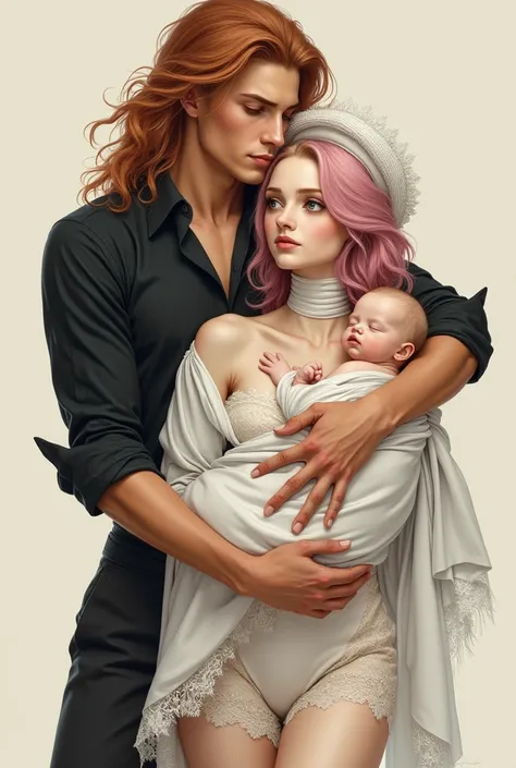 Drawing ( Masterpiece,  Best Quality ,  high resolution : 1.4) detailed drawing , until.  A young woman carrying a sensual baby .  The first is an androgynous young man with very light blonde wavy hair ,  long hair,  very thin body ,  greyish blue eyes , f...