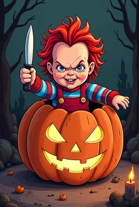  Generate a cartoon drawing from the 80s ,  in which the character Chucky comes out of a Halloween pumpkin, with a knife, Use a color palette of red ,  gray and black .