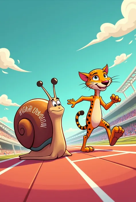 A cartoon snail with "higher education" word written on the shell and cartoon cheetah with "higher education" word written on the back on a race track