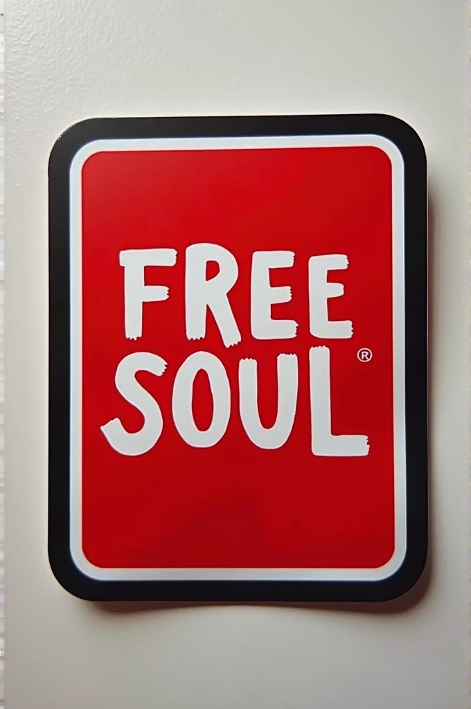 Red white colored sticker with black border with the phrase free soul