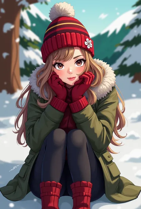  long flowing light brown hair ,  crimson winter hat with dark crimson stripes and one white flower.  She has red gloves ,  green jacket with a red “collar” ,  grey pants and black shoes .  She also has fair skin without any birthmarks . Sit Art South Park