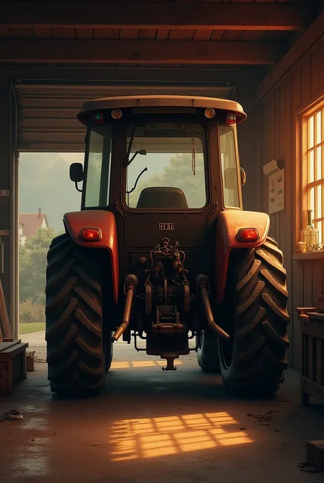 Let there be a tractor in a garage, look at the tractor from the back a little back, let the tractor have a sign on the right rear of the tractor, let the sign say 1 case of apples 1 case of orange A case of pears.Let the sign at the bottom right be behind...