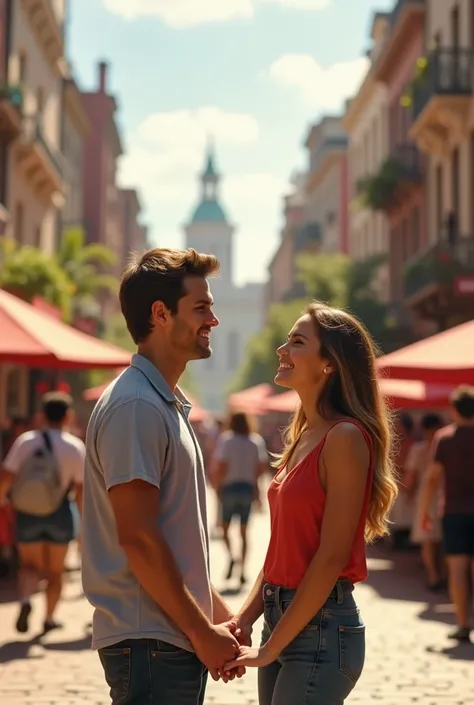  Actor Cooper Koch and actress Nicole Wallace, holding hands, laughing. 

 city square scenery . 

Open skies and pleasant weather . 