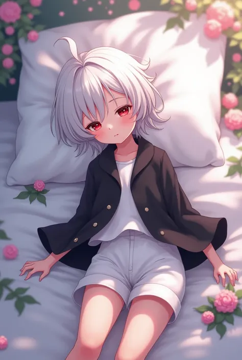 A boy who looks like a cute little short hair girl, red eyes, white hair, black floaty waistcoat and white shorts, cute Anime, is sleeping