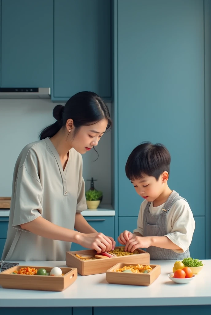 an asian mother with her son making lunch boxes for their son together in a minimalist blue kitchen background