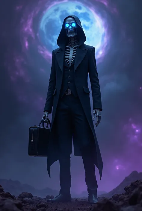 A cinematic medium shot of a thin lich skeleton standing tall in a chthonic cosmos. He is dressed in a stylish corporate business suit with a hood, and there are blue lights in the eyes of the pupils. He holds a briefcase in his left hand. The background i...