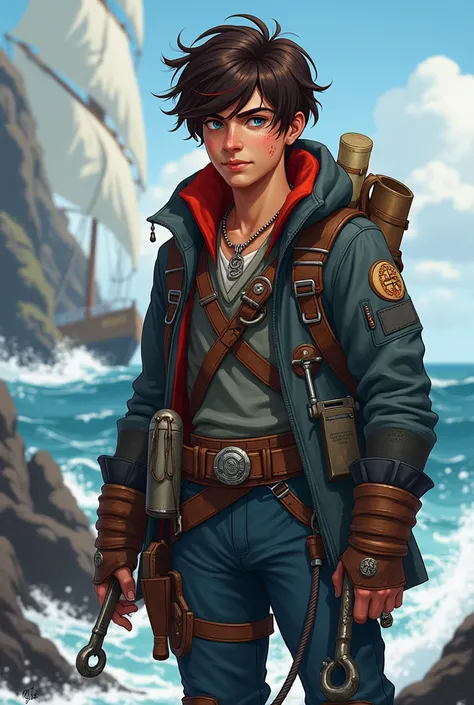 " Illustrate a young maritime explorer named Kael ,  with a semi-realistic style in vibrant and detailed tones .  Kael is a courageous and curious young man ,  with messy dark brown hair with reddish reflections and deep blue eyes that reflect his connecti...