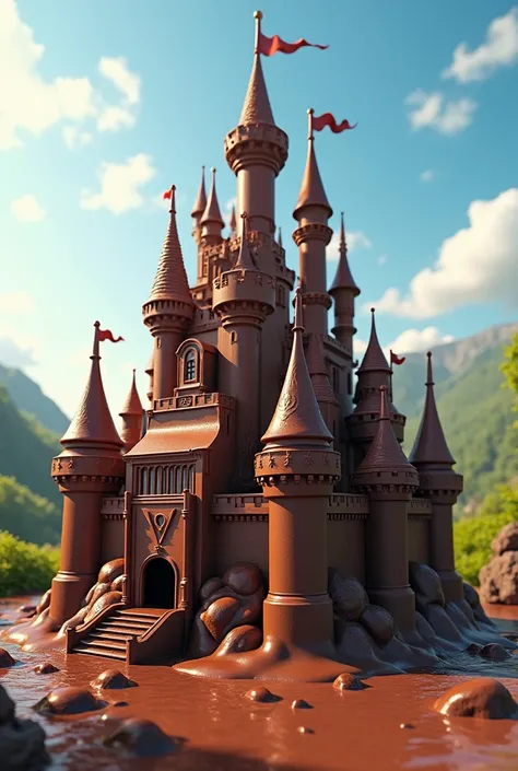 A chocolate castle melting down on a beautiful, sunny day