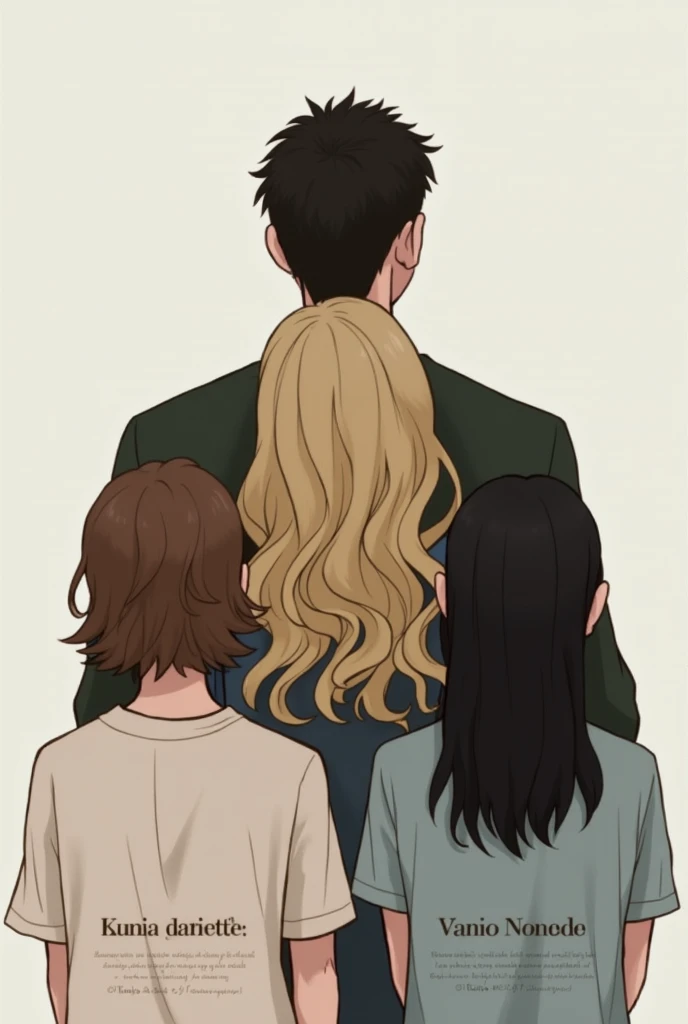  Design of 4 people , 1 man and 3 women , everyone with their backs in the image  ,   The man has short dark hair  ,   The woman next to him is a blonde with long curly hair,  the second has short brown shoulder hair and the third has short hair, black and...