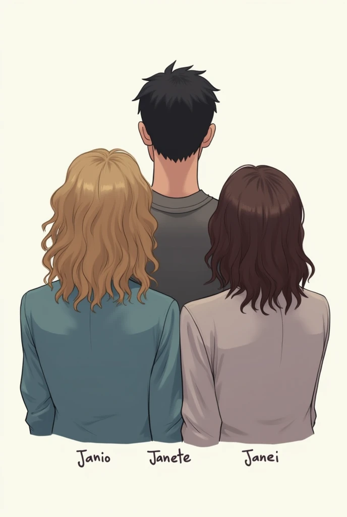  Design of 4 people , 1 man and 3 women , everyone with their backs in the image  ,   The man has short dark hair  ,   The woman next to him is a blonde with long curly hair,  the second has short brown shoulder hair and the third has short hair, black and...