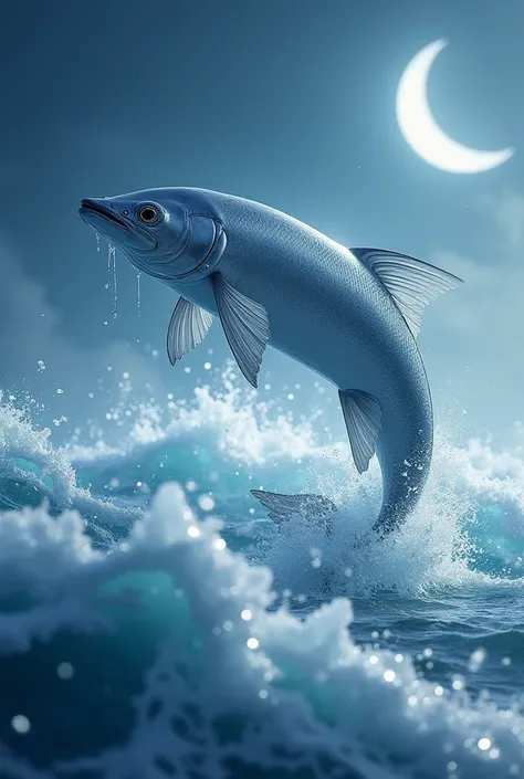 A silver fish leaping over icy blue waves, with a crescent moon in the background, symbolizing resilience and adaptability.