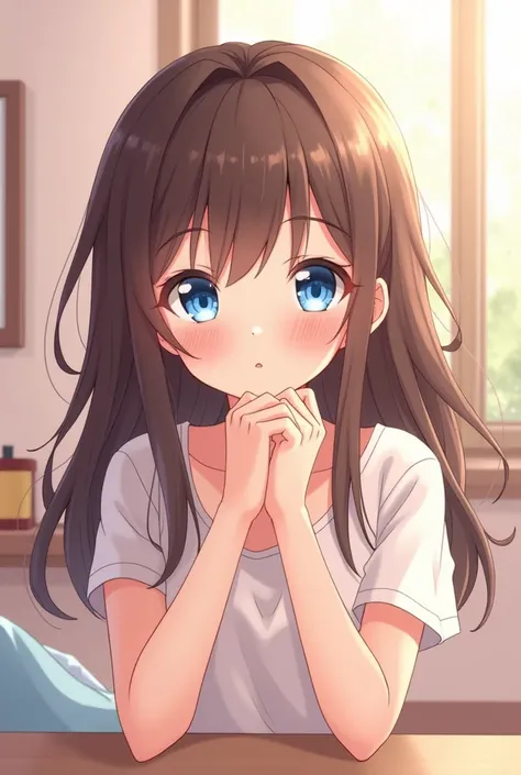 a pretty,cute anime girl with brown hair and blue eyes